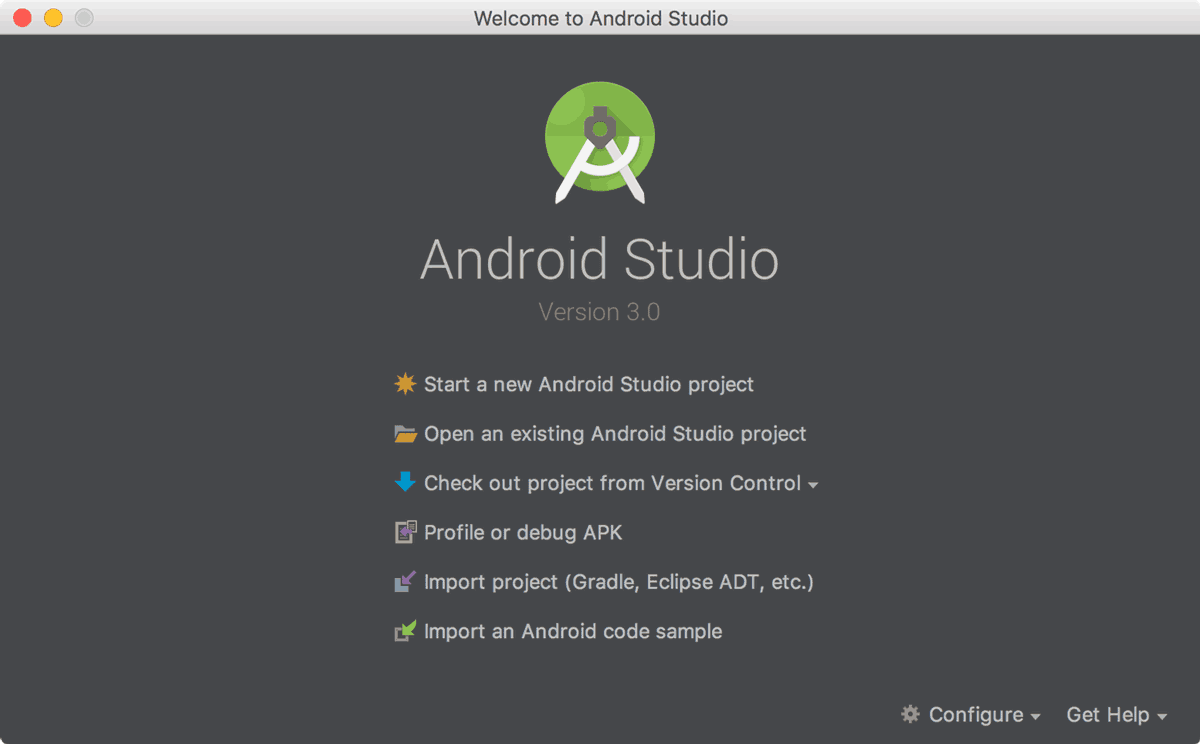 android studio welcome sceen 1